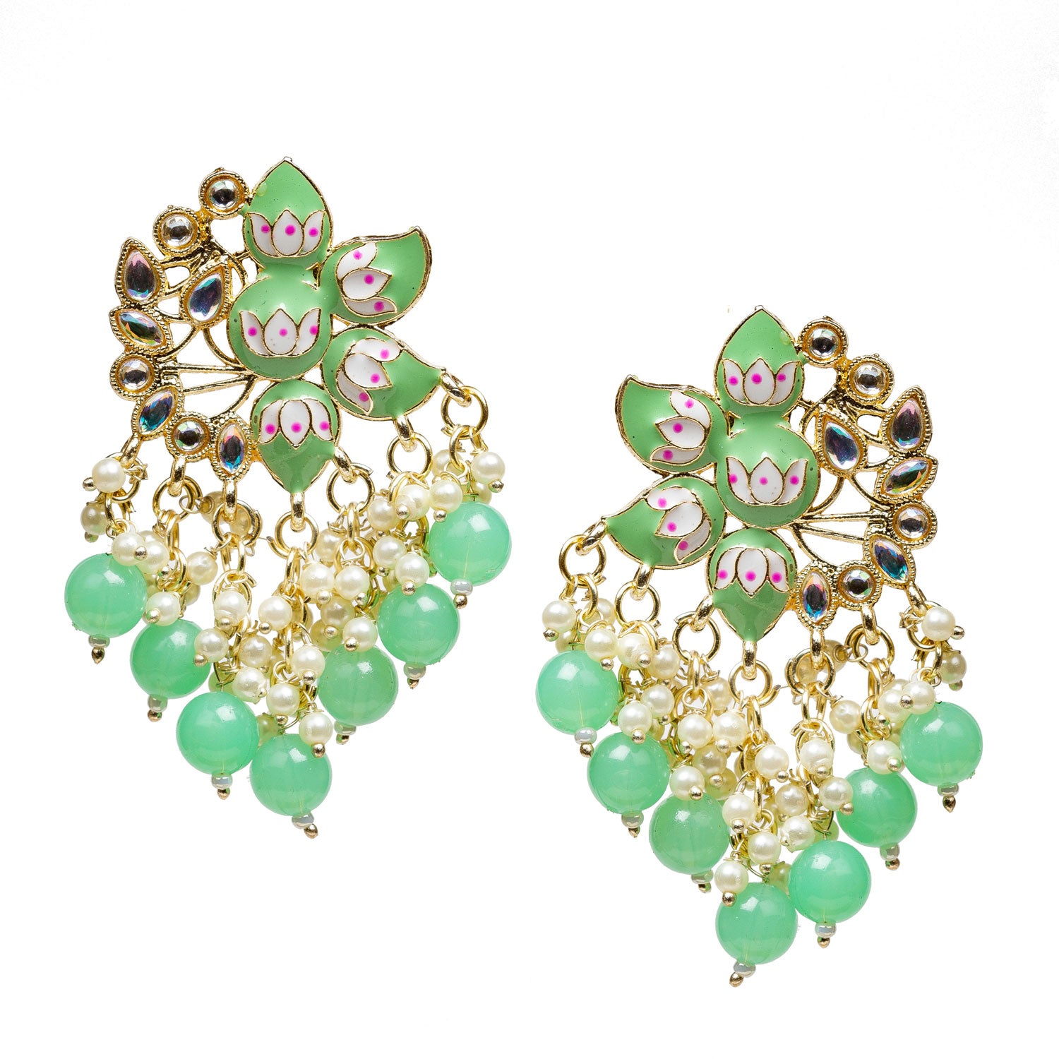 bindhani gold plated cyan green meenakari pearl drop earrings for women girls