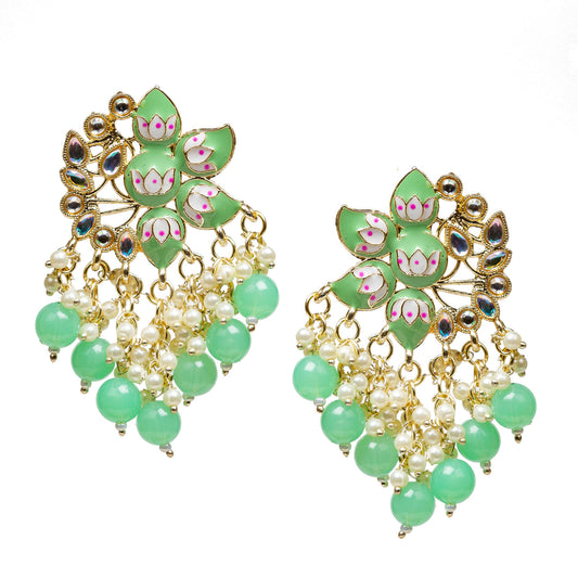 bindhani gold plated cyan green meenakari pearl drop earrings for women girls