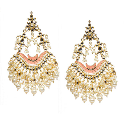 bindhani gold plated pearl drop kundan stone peach orange meenakari long earrings for women girls