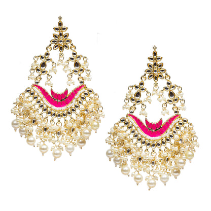 bindhani gold plated pearl drop kundan stone pink meenakari long earrings for women girls