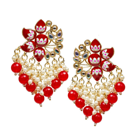bindhani gold plated red meenakari pearl drop earrings for women girls