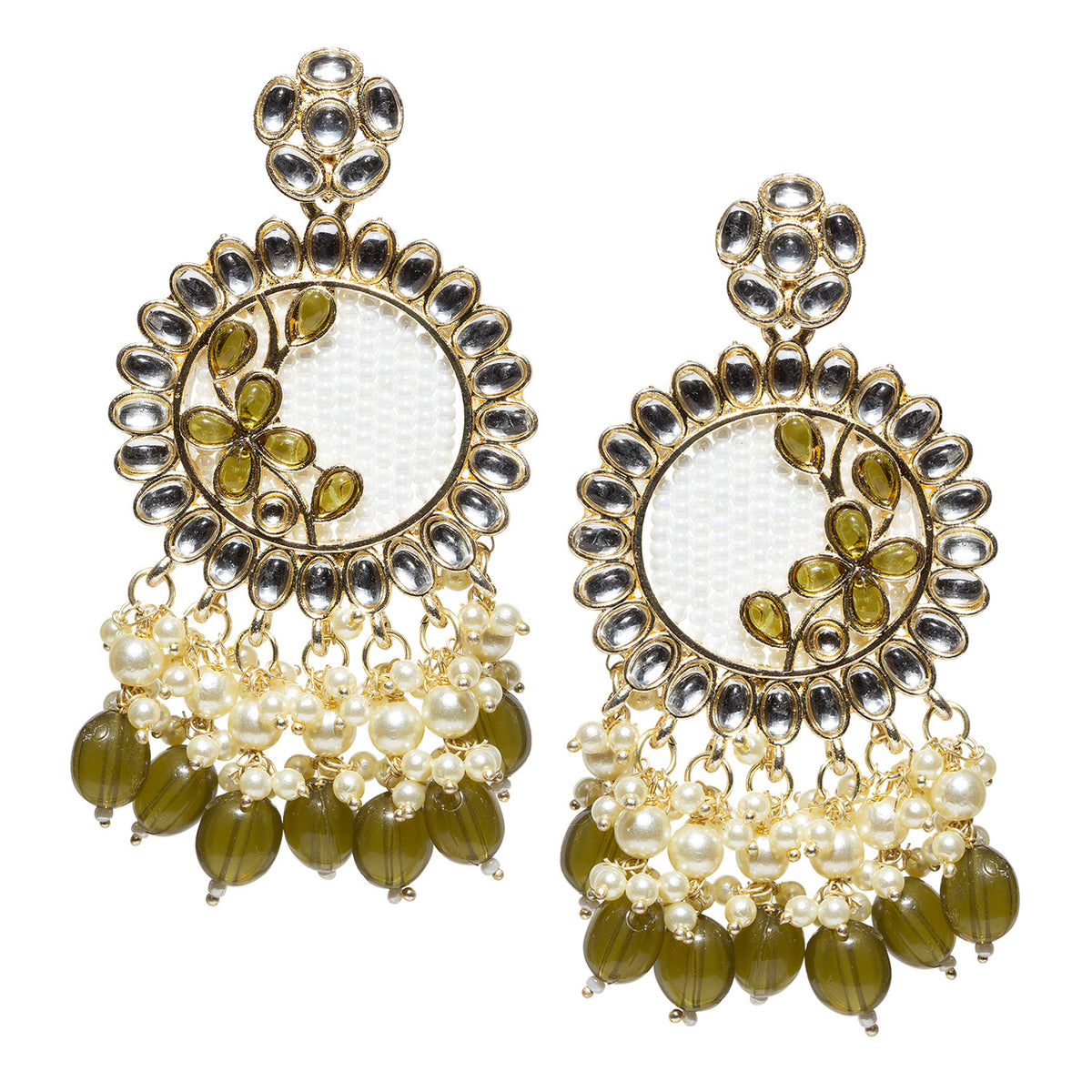 Pair of gold-plated traditional drop earrings featuring a circular kundan stone border around a white textured center with mehandi green floral accents. The earrings are embellished with pearl clusters and dangling mehandi-green teardrop beads, creating a festive, ornate design. Displayed against a white background.