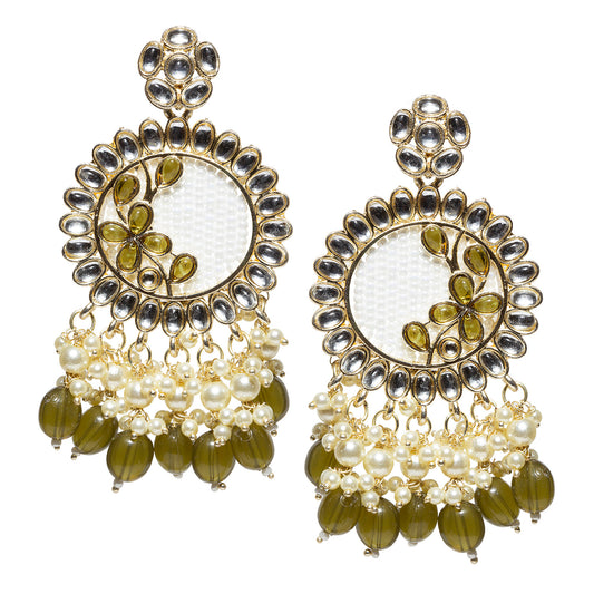 Pair of gold-plated traditional drop earrings featuring a circular kundan stone border around a white textured center with mehandi green floral accents. The earrings are embellished with pearl clusters and dangling mehandi-green teardrop beads, creating a festive, ornate design. Displayed against a white background.