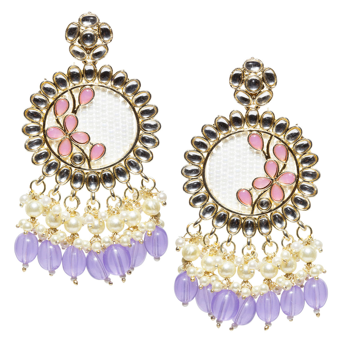 Pair of gold-plated traditional drop earrings featuring a circular kundan stone border around a white textured center with purple floral accents. The earrings are embellished with pearl clusters and dangling purple teardrop beads, creating a festive, ornate design. Displayed against a light gray background.