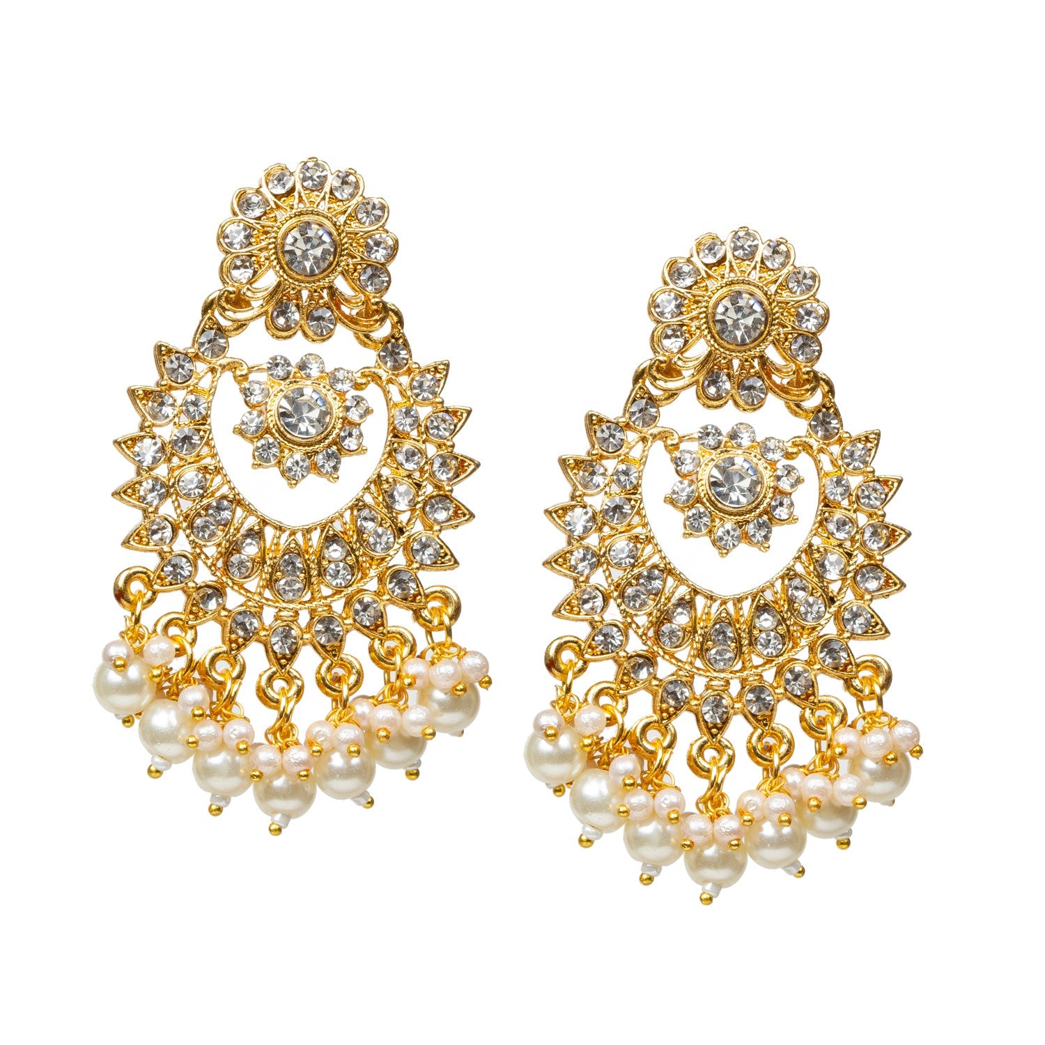 front view of Bindhani gold-plated traditional Indian earrings, showing earring posts and secure backing, with intricate design and white stones visible from the front.