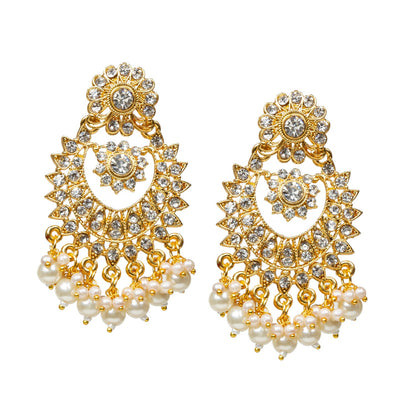 front view of Bindhani gold-plated traditional Indian earrings, showing earring posts and secure backing, with intricate design and white stones visible from the front.