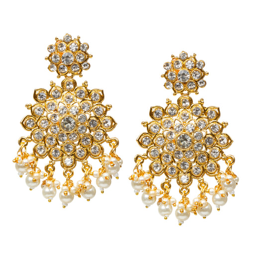 Bindhani gold-plated traditional earrings for women, featuring white stones and a dangling pearl drop in an intricate design.