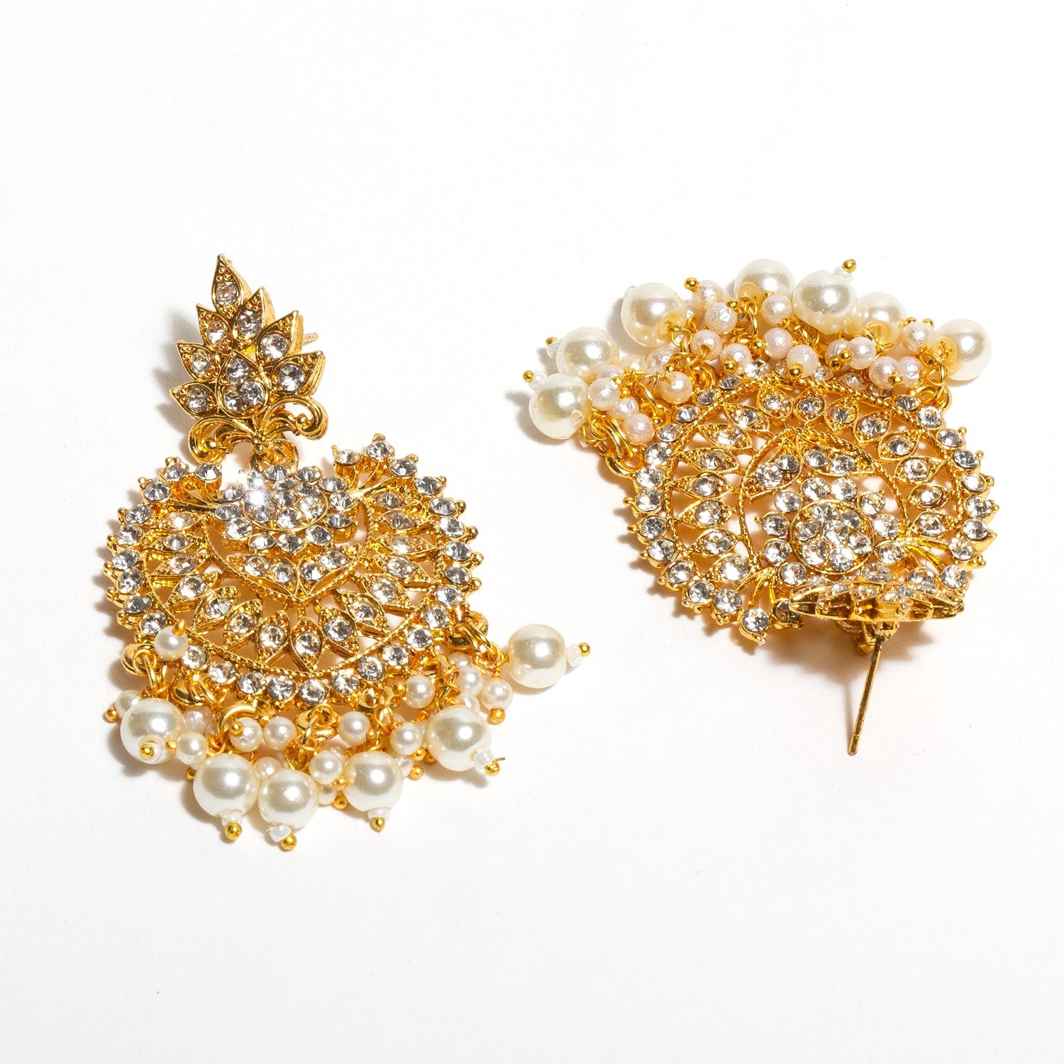 Front and back view Bindhani gold-plated traditional Indian earrings with intricate design, adorned with sparkling white stones and dangling white pearls.