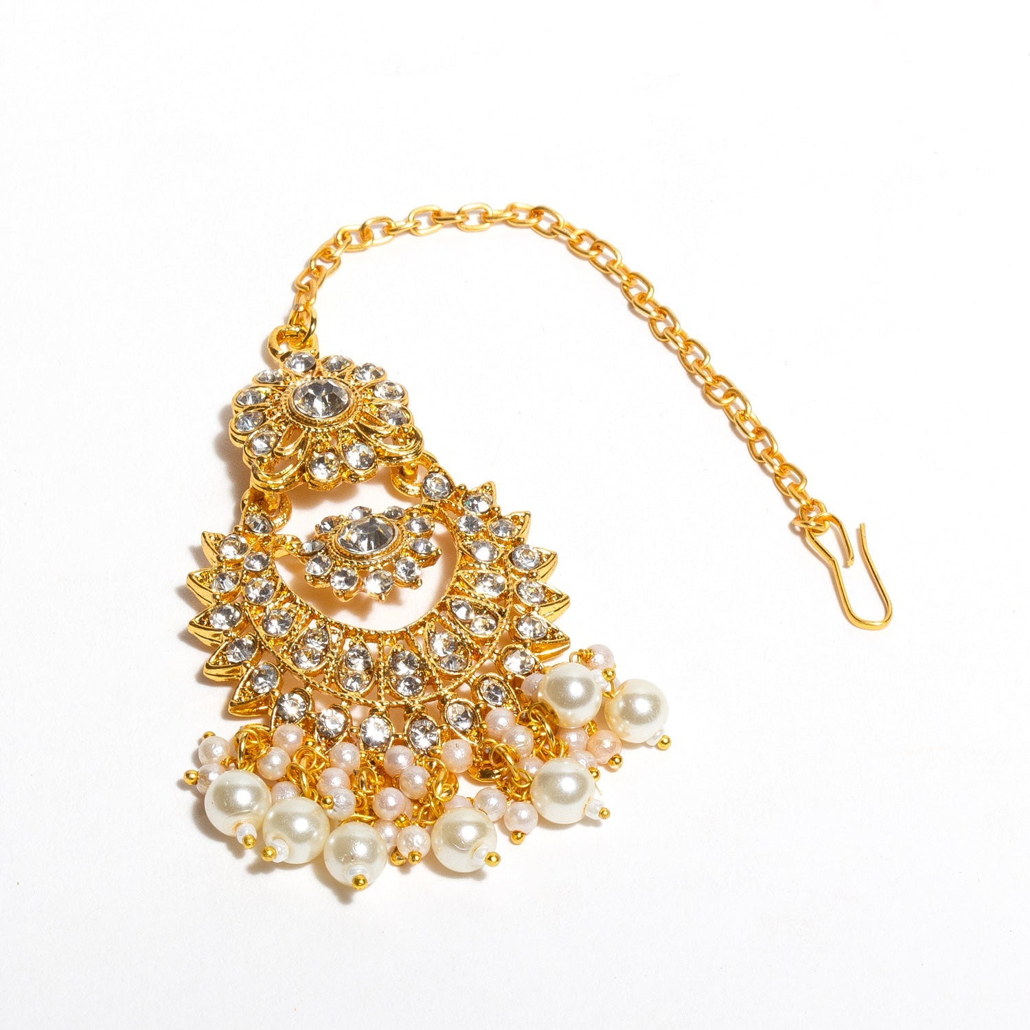 Bindhani gold-plated hair accessory with white stones and pearl drops, gold chain hook.