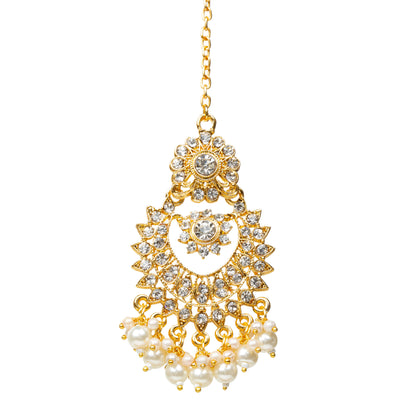 Front view of Bindhani gold-plated traditional Indian tikka featuring an elegant ethnic design with intricate detailing and a polished gold finish. The tikka are shown clearly from the front,