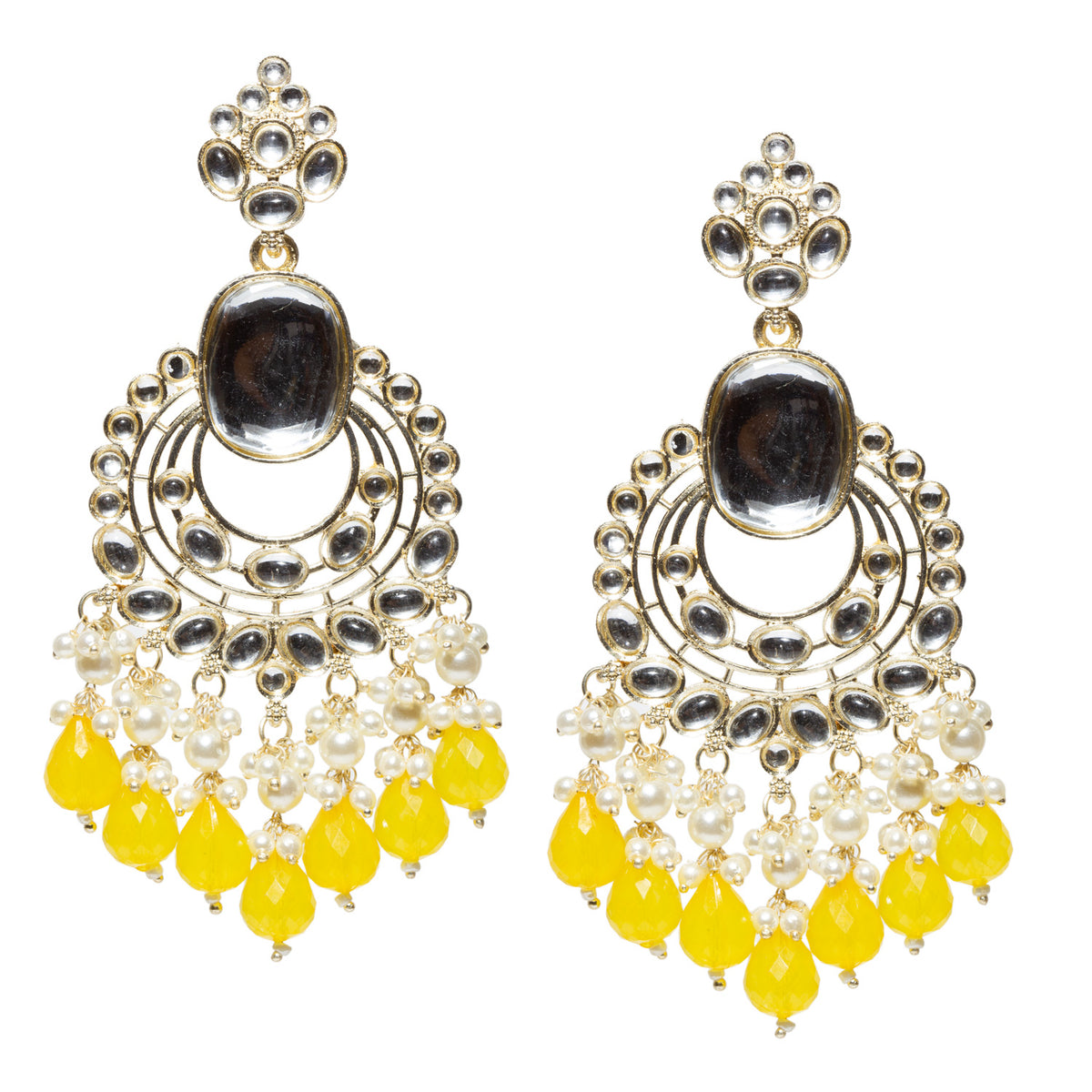 Bindhani gold-plated long chandelier earrings featuring clear Kundan stones, an oval white center stone, pearl clusters, and yellow faceted teardrop bead danglers in a traditional ethnic design.
