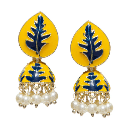 Bindhani-Gold-Plated-Yellow-Color-Meenakari-Small-Jhumki-For-Women-and-Teenage-Girls