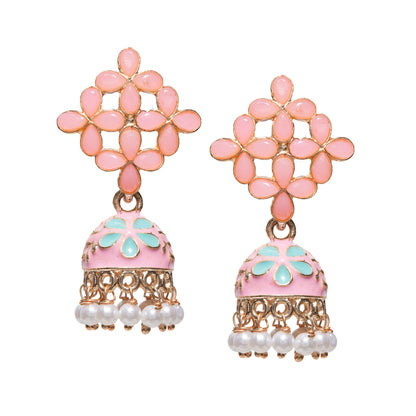 Front view Bindhani gold-plated Meenakari jhumki earrings in light pink, showcasing a floral lattice stud pattern with light pink stone embellishments, a pink and turquoise enamel jhumki dome, and delicate white pearl bead danglers. Traditional handcrafted ethnic earrings perfect for festive celebrations and wedding wear.