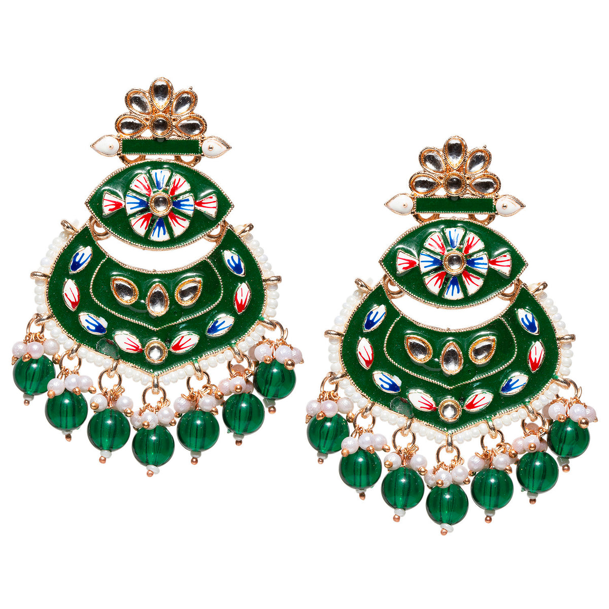 Pair of Bindhani gold-plated traditional chandbali earrings featuring bright green enamel detailing, floral hand-painted accents, and kundan stone embellishments. The crescent-shaped design is adorned with pearl beading along the edges and finished with dangling green bead drops and pearl clusters, creating a vibrant festive look. Displayed against a white background.