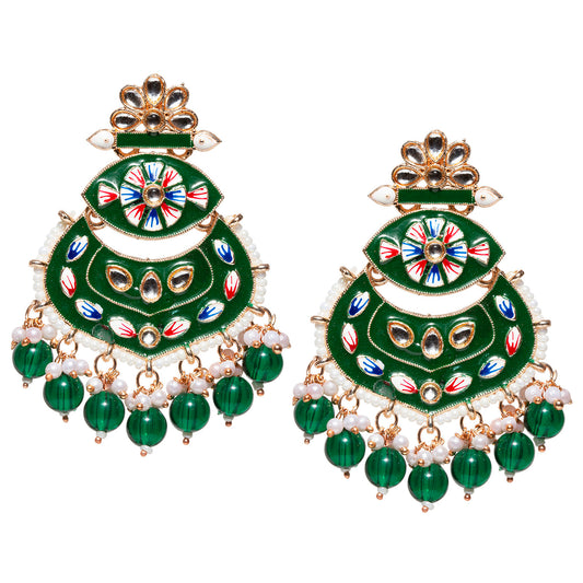 Pair of Bindhani gold-plated traditional chandbali earrings featuring bright green enamel detailing, floral hand-painted accents, and kundan stone embellishments. The crescent-shaped design is adorned with pearl beading along the edges and finished with dangling green bead drops and pearl clusters, creating a vibrant festive look. Displayed against a white background.