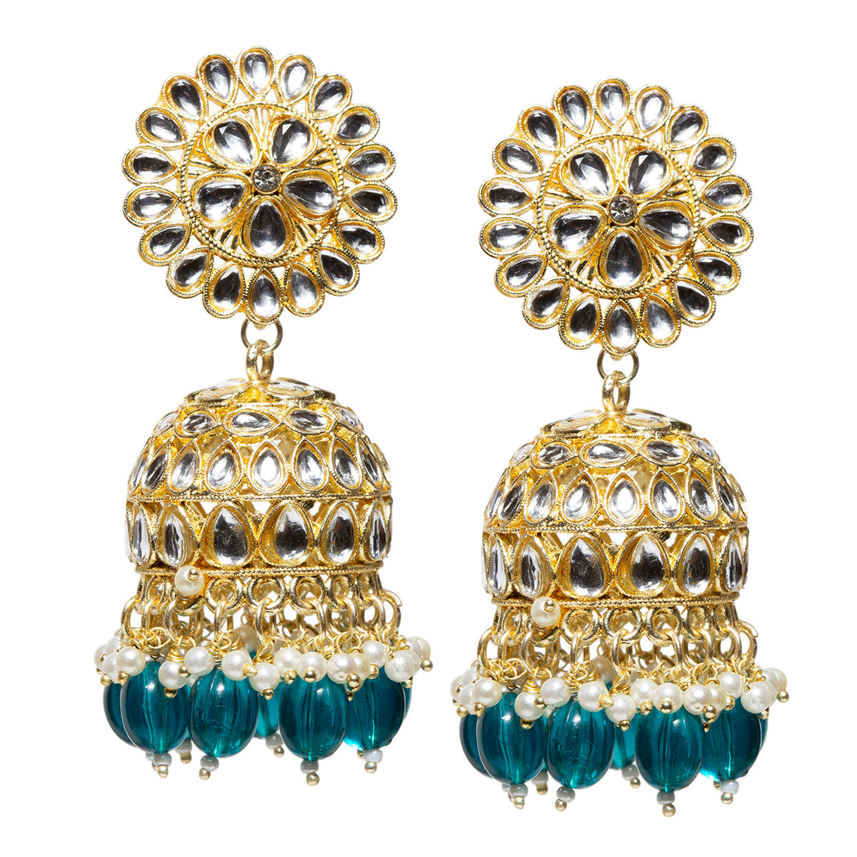 Front view of Bindhani Gold Plated Kundan Jhumka Earrings with White Beads and Sea Green Pearl Drops on White Background
