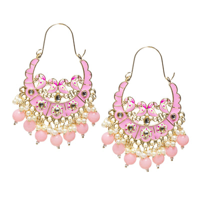 Bindhani-Handmade-Gold-Plated-Baby-Pink-Color-Meenakari-Cluster-Beaded-Drops-Crescent-Hoop-Earring-For-Women-and-Girls