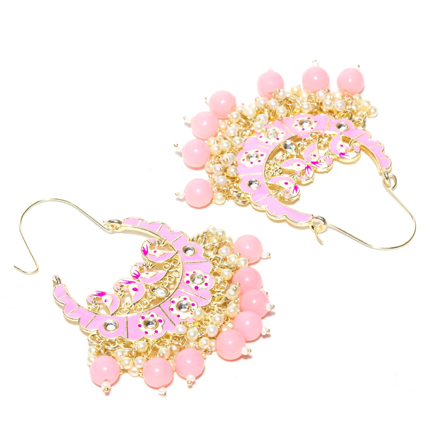 Bindhani-Handmade-Gold-Plated-Baby-Pink-Color-Meenakari-Cluster-Beaded-Drops-Crescent-Hoop-Earring-For-Women