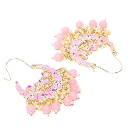 Bindhani-Handmade-Gold-Plated-Baby-Pink-Color-Meenakari-Cluster-Beaded-Drops-Crescent-Hoop-Earring-For-Women