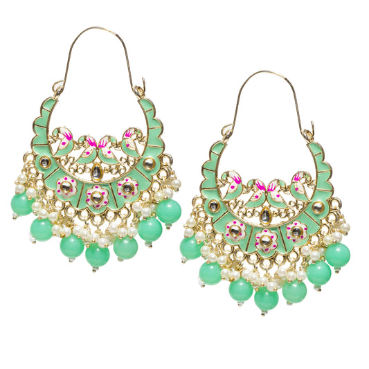 mint green enamel hoop earrings with hand-painted bird motifs, kundan stone accents, white pearl clusters, and mint green bead danglers, shown in front and angled views with secure fish hook closure. 