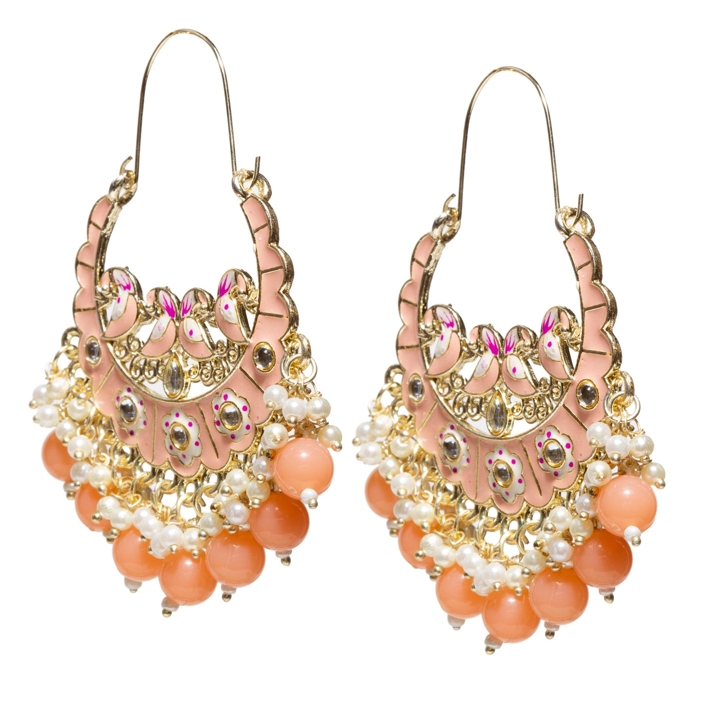 Bindhani-Handmade-Gold-Plated-Orange-Color-Meenakari-Cluster-Beaded-Drops-Crescent-Hoop-Earring-For-Women-and-Girls