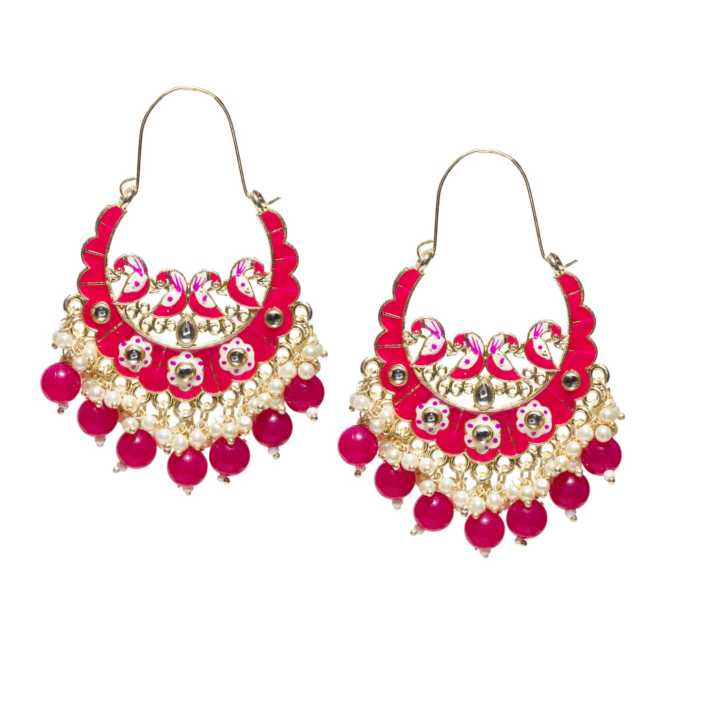 Bindhani-Handmade-Gold-Plated-Rani-Pink-Color-Meenakari-Cluster-Beaded-Drops-Crescent-Hoop-Earring-For-Women-and-Girls