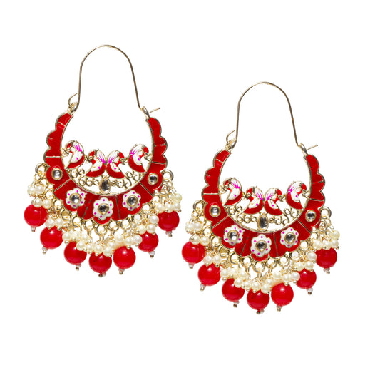 red enamel hoop earrings with hand-painted bird motifs, kundan stone accents, white pearl clusters, and red bead danglers, shown in front and angled views with secure fish hook closure.
