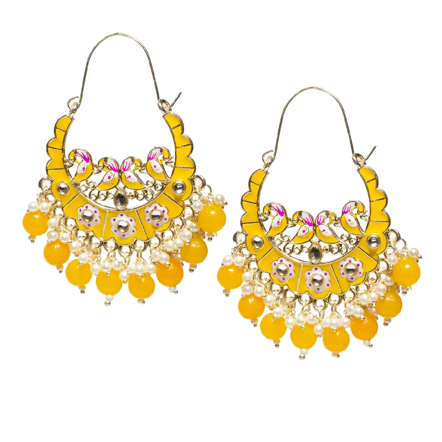 Bindhani-Handmade-Gold-Plated-Yellow-Color-Meenakari-Cluster-Beaded-Drops-Crescent-Hoop-Earring-For-Women-and-Girls