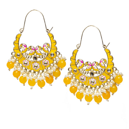 Bindhani-Handmade-Gold-Plated-Yellow-Color-Meenakari-Cluster-Beaded-Drops-Crescent-Hoop-Earring-For-Women-and-Girls