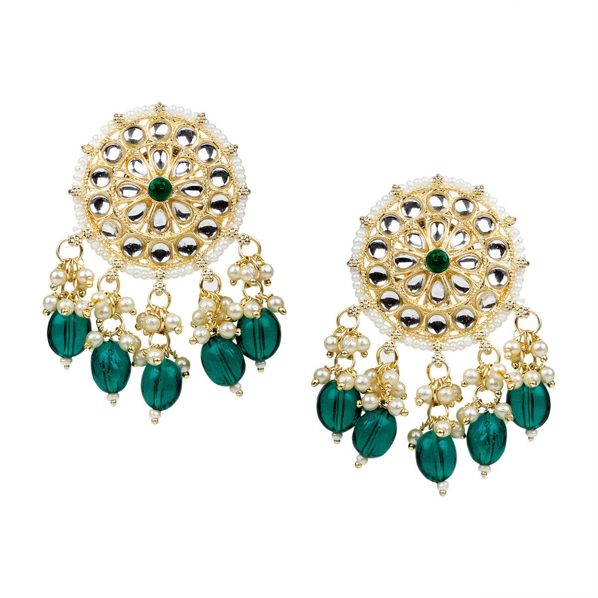 Front vIew white background Bindhani Indian round Chandbali earrings with Kundan stones and green pearl drop, featuring a traditional round moon shaped design with intricate detailing and a classic ethnic look.