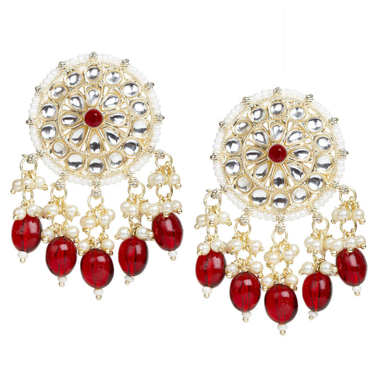 Front vIew white background Bindhani Indian round Chandbali earrings with Kundan stones and maroon pearl drop, featuring a traditional round moon shaped design with intricate detailing and a classic ethnic look.