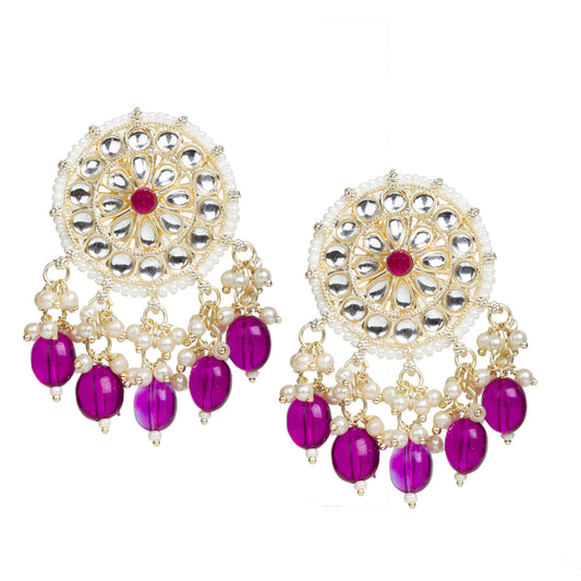 Front vIew white background Bindhani Indian round Chandbali earrings with Kundan stones and purple pearl drop, featuring a traditional round moon shaped design with intricate detailing and a classic ethnic look.