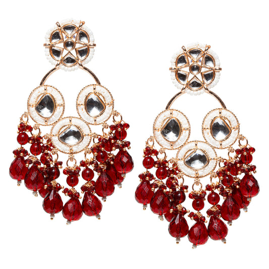 Bindhani rose gold-plated long chandelier earrings featuring floral mirror studs, pear and heart-shaped mirror accents with white kundan stone borders, curved enamel detailing, and cascading maroon faceted teardrop and round bead danglers. Elegant traditional ethnic earrings ideal for weddings, festive occasions, and party wear.