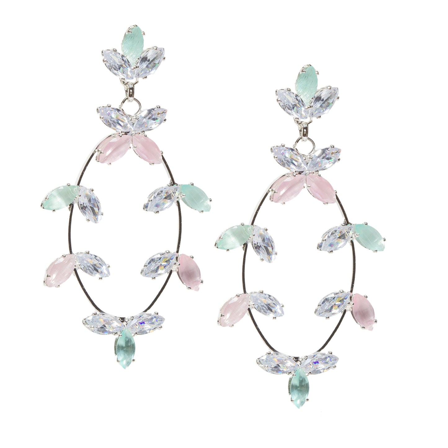 Pair of silver-tone oval earrings adorned with multicolor AD stones in marquise cuts, arranged in floral clusters with an elegant dangle earrings design for women.