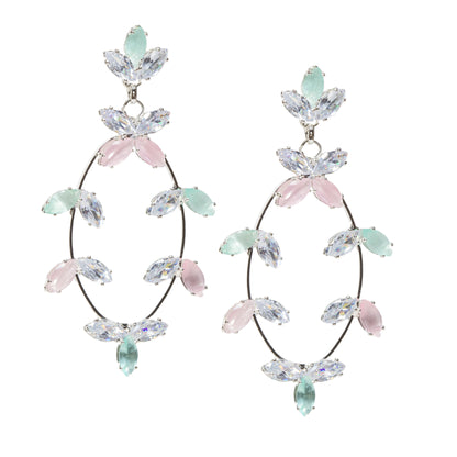 Pair of silver-tone oval earrings adorned with multicolor AD stones in marquise cuts, arranged in floral clusters with an elegant dangle earrings design for women.