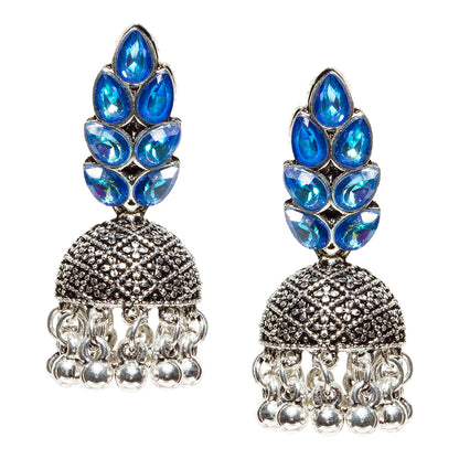 Bindhani-New-Style-Oxidised-Silver-Plated-Blue-Stone-and-Beads-Jhumka-Earrings-For-Women