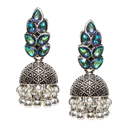 Bindhani-New-Style-Oxidised-Silver-Plated-Brown-Stone-and-Beads-Jhumka-Earrings-For-Women