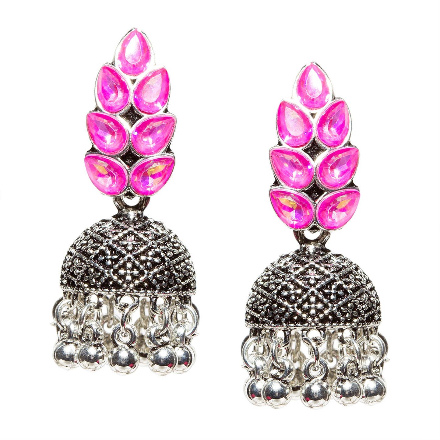 Bindhani-New-Style-Oxidised-Silver-Plated-Dark-Pink-Stone-and-Beads-Jhumka-Earrings-For-Women