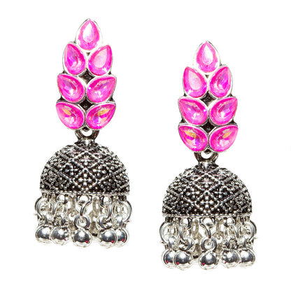 Bindhani-New-Style-Oxidised-Silver-Plated-Dark-Pink-Stone-and-Beads-Jhumka-Earrings-For-Women