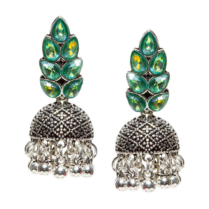 Bindhani-New-Style-Oxidised-Silver-Plated-Green-Stone-and-Beads-Jhumka-Earrings-For-Women-Girls