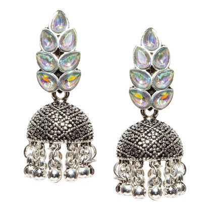 Bindhani-New-Style-Oxidised-Silver-Plated-Grey-Stone-and-Beads-Jhumka-Earrings-For-Women-Girls