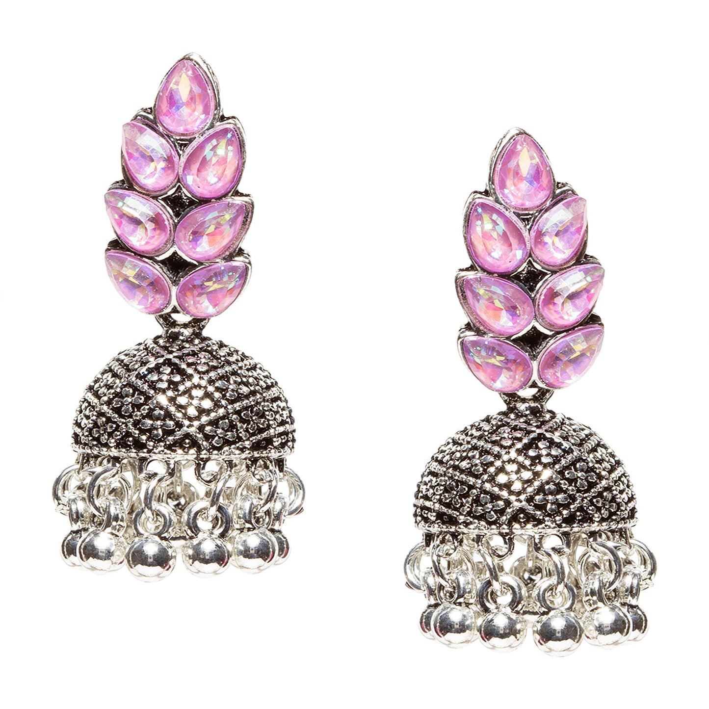 Bindhani-New-Style-Oxidised-Silver-Plated-Light-Pink-Stone-and-Beads-Jhumka-Earrings-For-Women-Girls