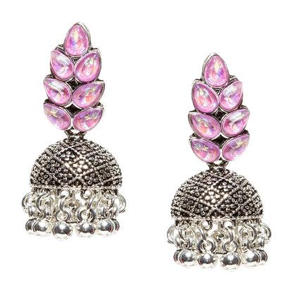 Bindhani-New-Style-Oxidised-Silver-Plated-Light-Pink-Stone-and-Beads-Jhumka-Earrings-For-Women-Girls