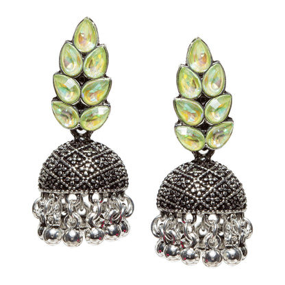 Bindhani-New-Style-Oxidised-Silver-Plated-Parrot-Green-Stone-and-Beads-Jhumka-Earrings-For-Women-Girls