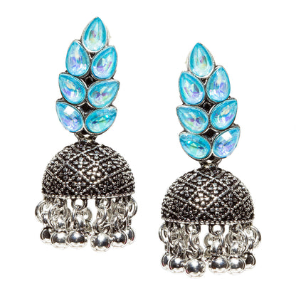 Bindhani-New-Style-Oxidised-Silver-Plated-Sky-Blue-Stone-and-Beads-Jhumka-Earrings-For-Women-Girls