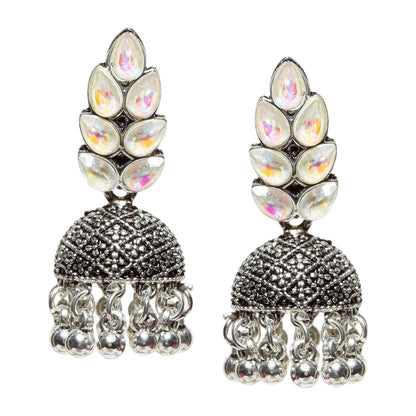 Bindhani-New-Style-Oxidised-Silver-Plated-White-Stone-and-Beads-Jhumka-Earrings-For-Women-Girls