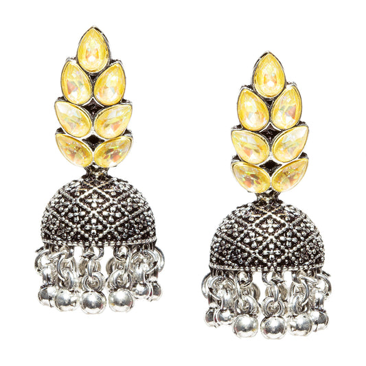 Bindhani-New-Style-Oxidised-Silver-Plated-Yellow-Stone-and-Beads-Jhumka-Earrings-For-Women-Girls