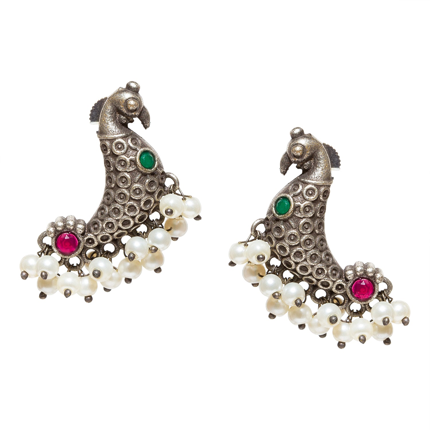 Analyzing image  Bindhani-Oxidised-Pink-Green-White-Beads-Peacock-Earrings-For-Women-Girls