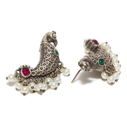 Analyzing image  Bindhani-Oxidised-Pink-Green-White-Beads-Peacock-Earrings-For-Women