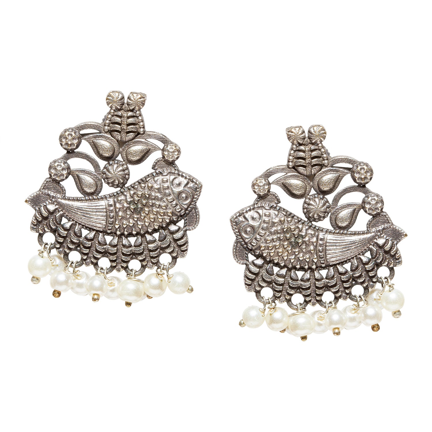 Bindhani-Oxidised-Silver-Fish-Pearl-Beads-Earrings-For-Women-Girls